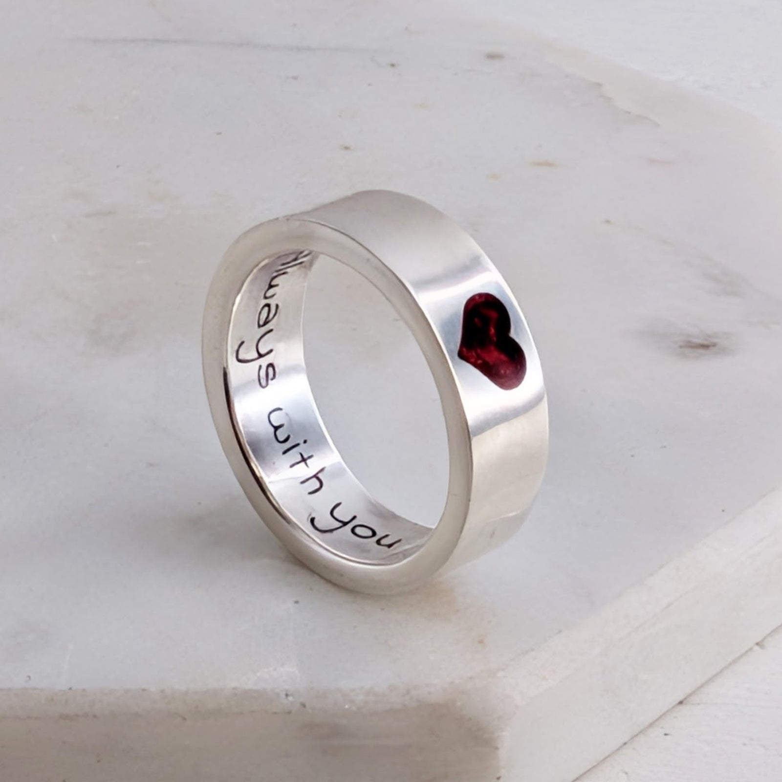 Handmade ashes memorial ring in silver with inlaid heart detail