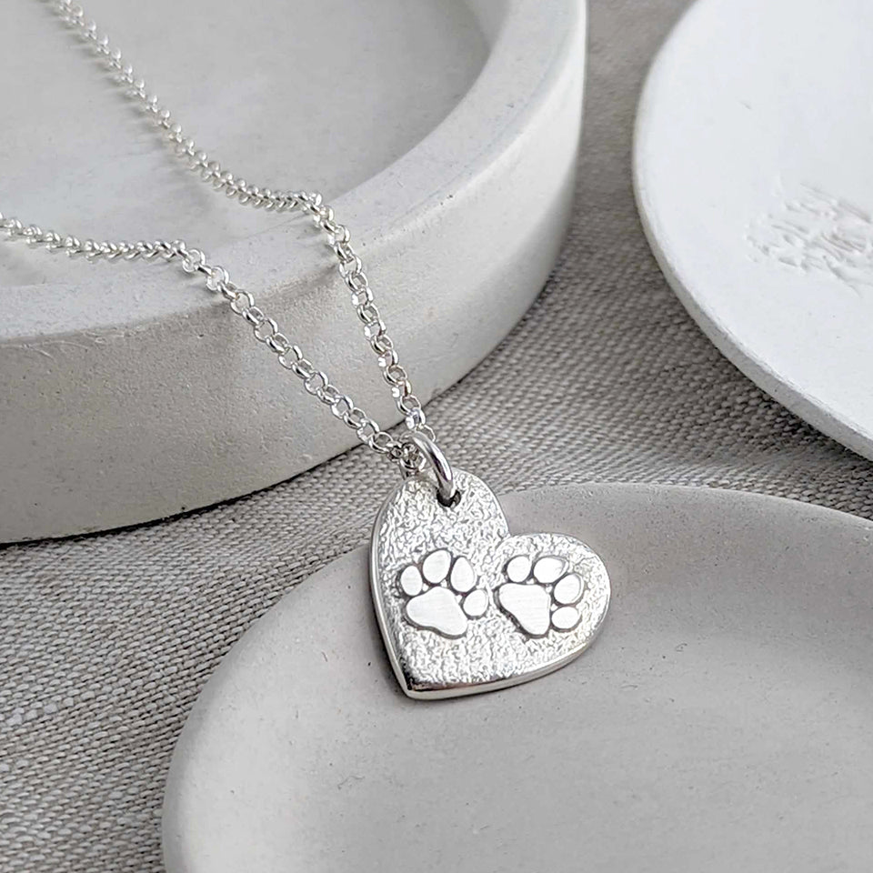 Memorial Pet Ashes Pawprint Heart Necklace | Silver or Gold