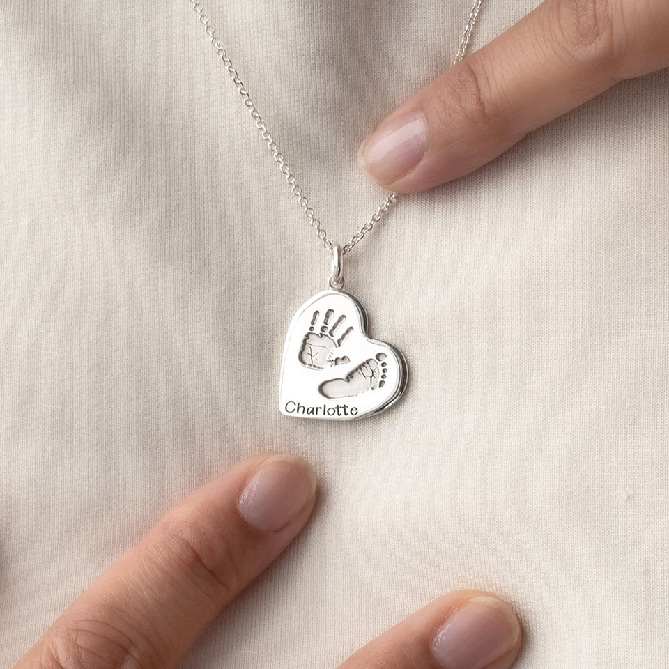 Baby Handprint and Footprint Sterling Silver Heart Necklace with name | Hold upon Heart