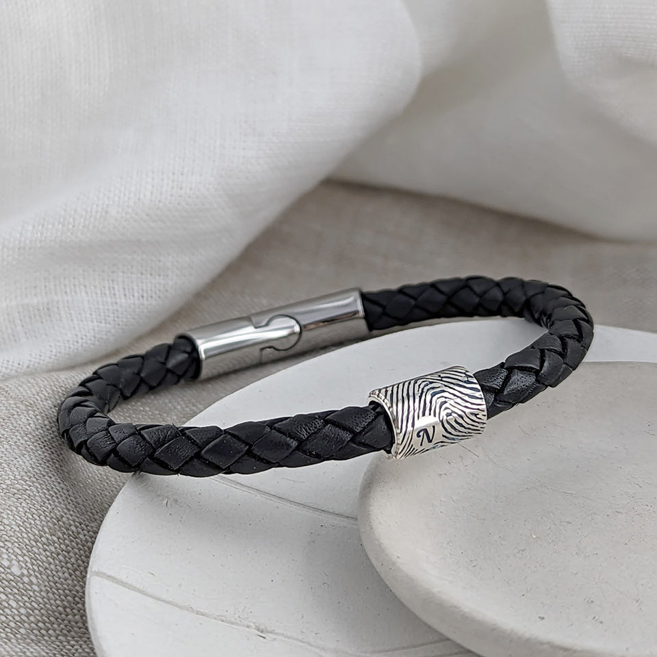 Fingerprint silver bead leather braid bracelet for men | brown leather