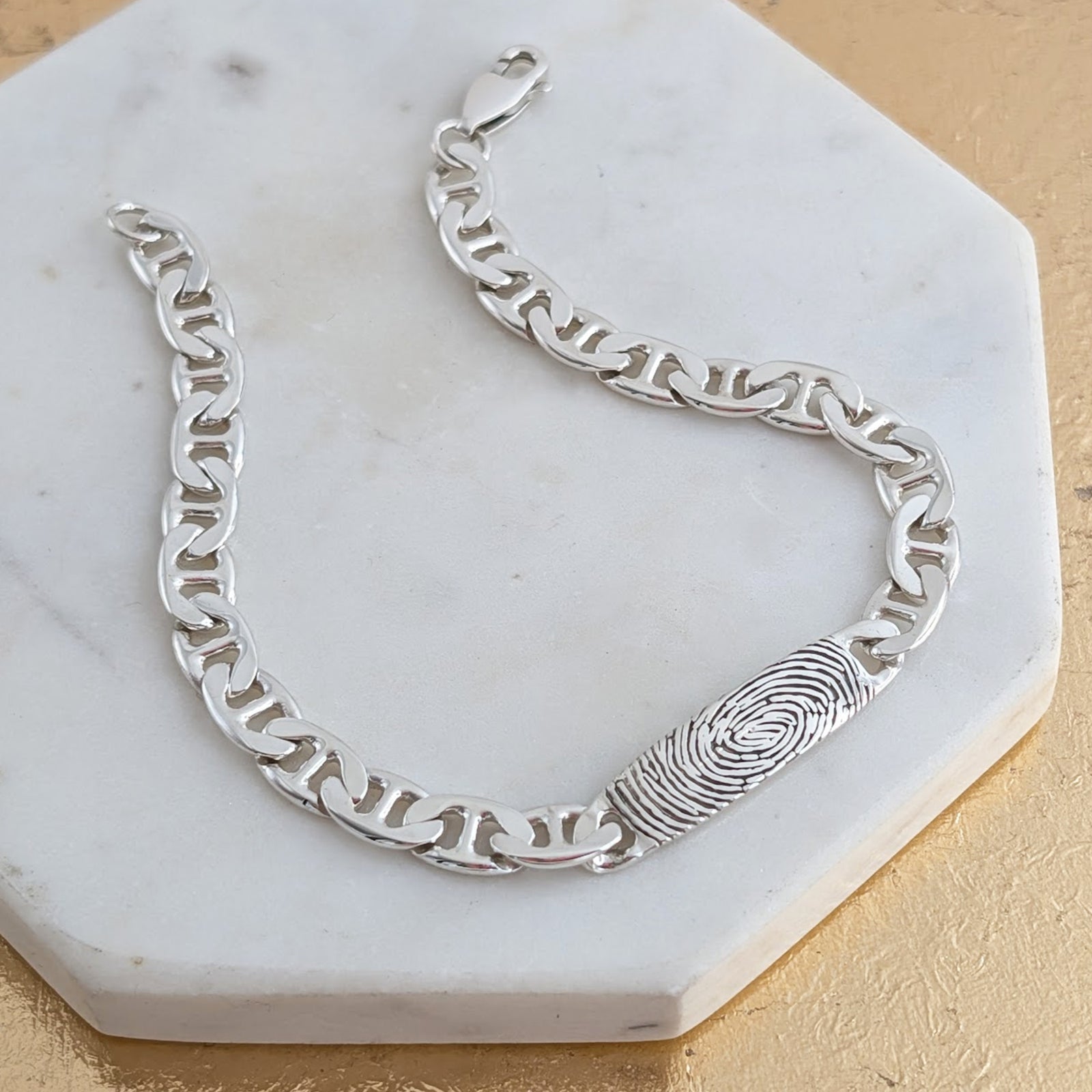 Mens Silver Fingerprrint Identity Bracele