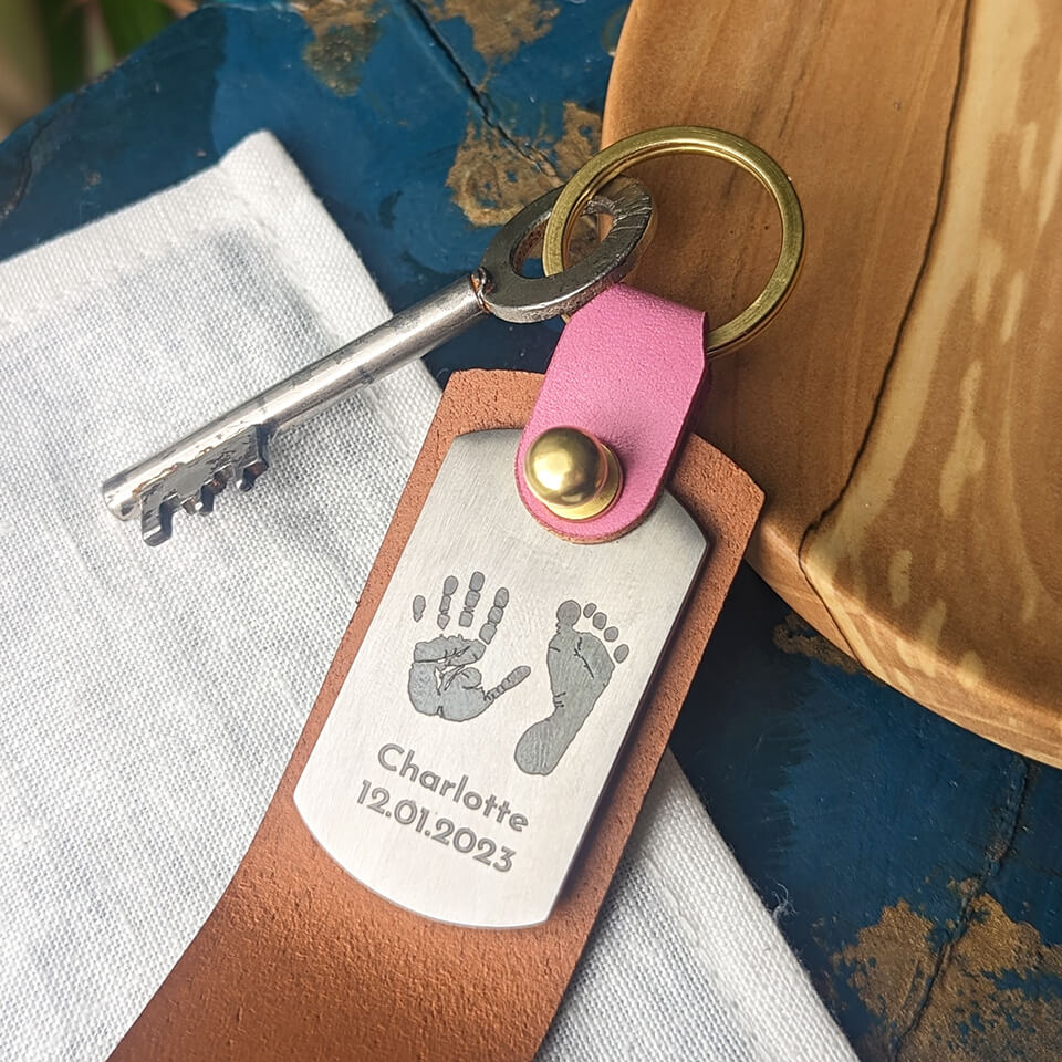 Baby handprint and footprint leather keyring | Father's or Mother's Day Gift
