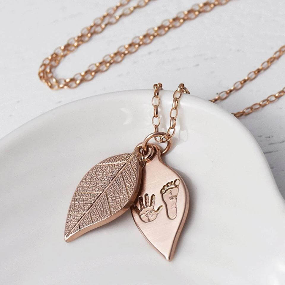 Solid Rose Gold Baby Handprint and Footprint Necklace | Keepsake Jewellery
