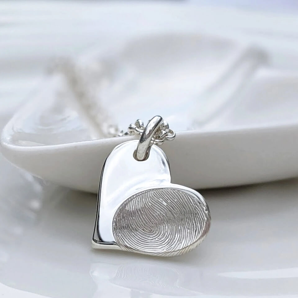 Memorial Fingerprint Heart Charm Necklace in Sterling Silver or Solid Gold