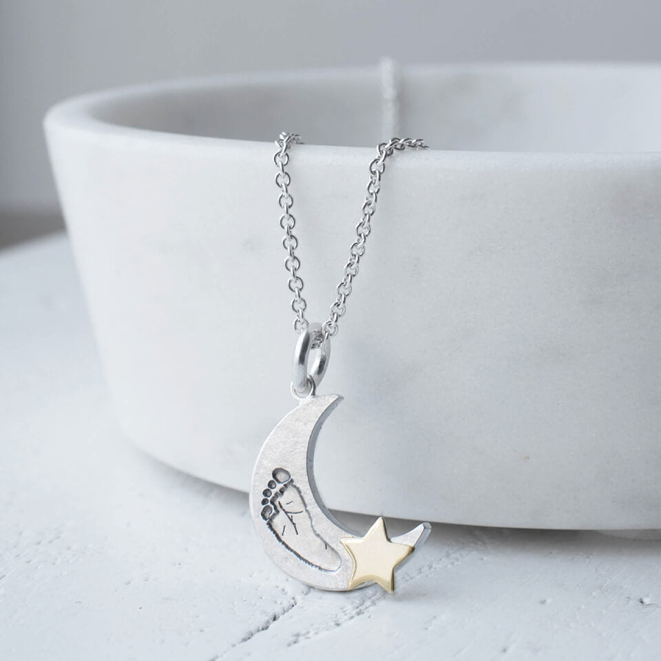 Baby Handprint and Footprint Loved to the Moon and Stars Silver and Gold Necklace