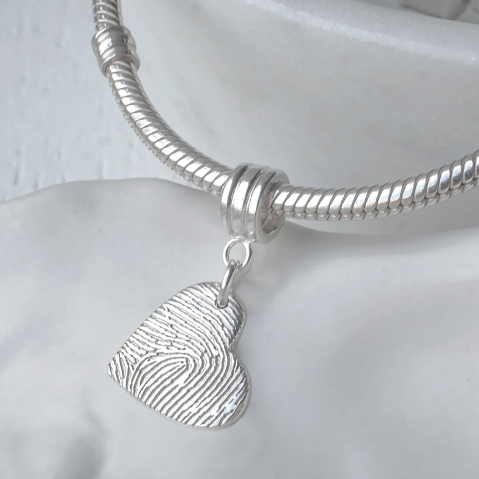 Silver Fingerprint Heart Charm with Carrier Bead (fits pandora style jewellery)
