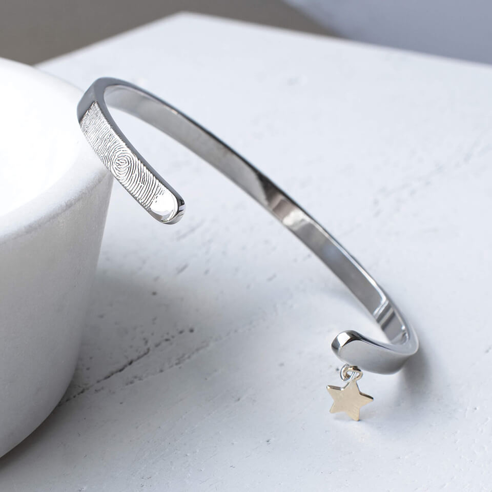 Personalised fingerprint silver cuff bracelet with gold star dangle charm