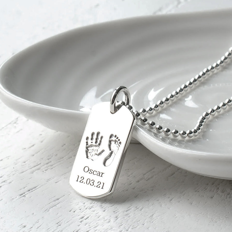 Handprint and footprint dog tag necklace for men