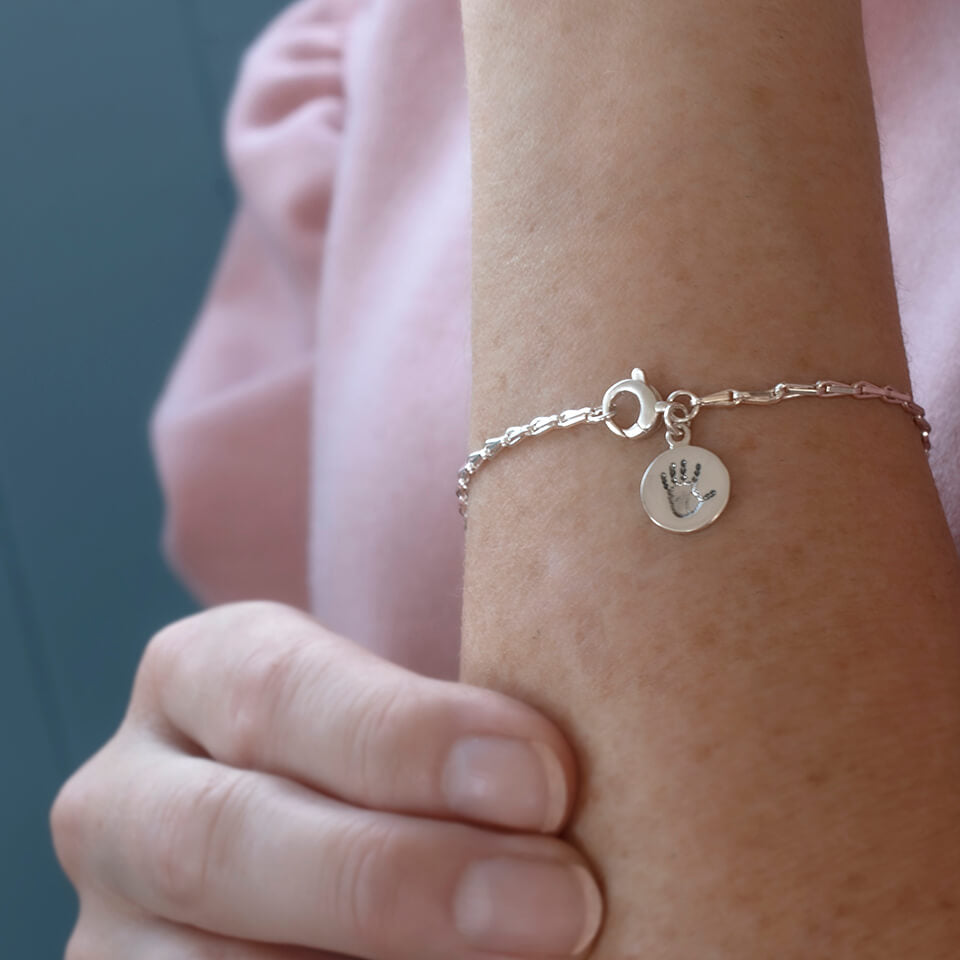 Handprint or footprint dot charm with hayseed bracelet | Silver or Gold