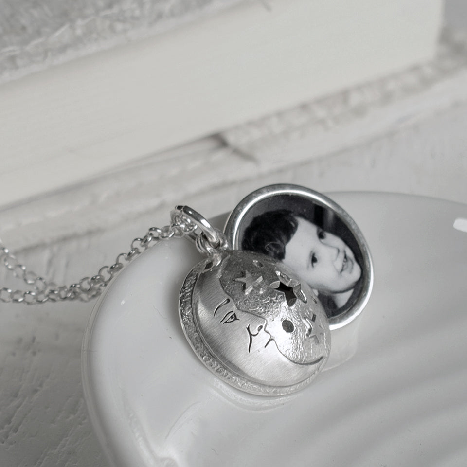 Personalised Moon and Stars Silver Photo Locket Necklace