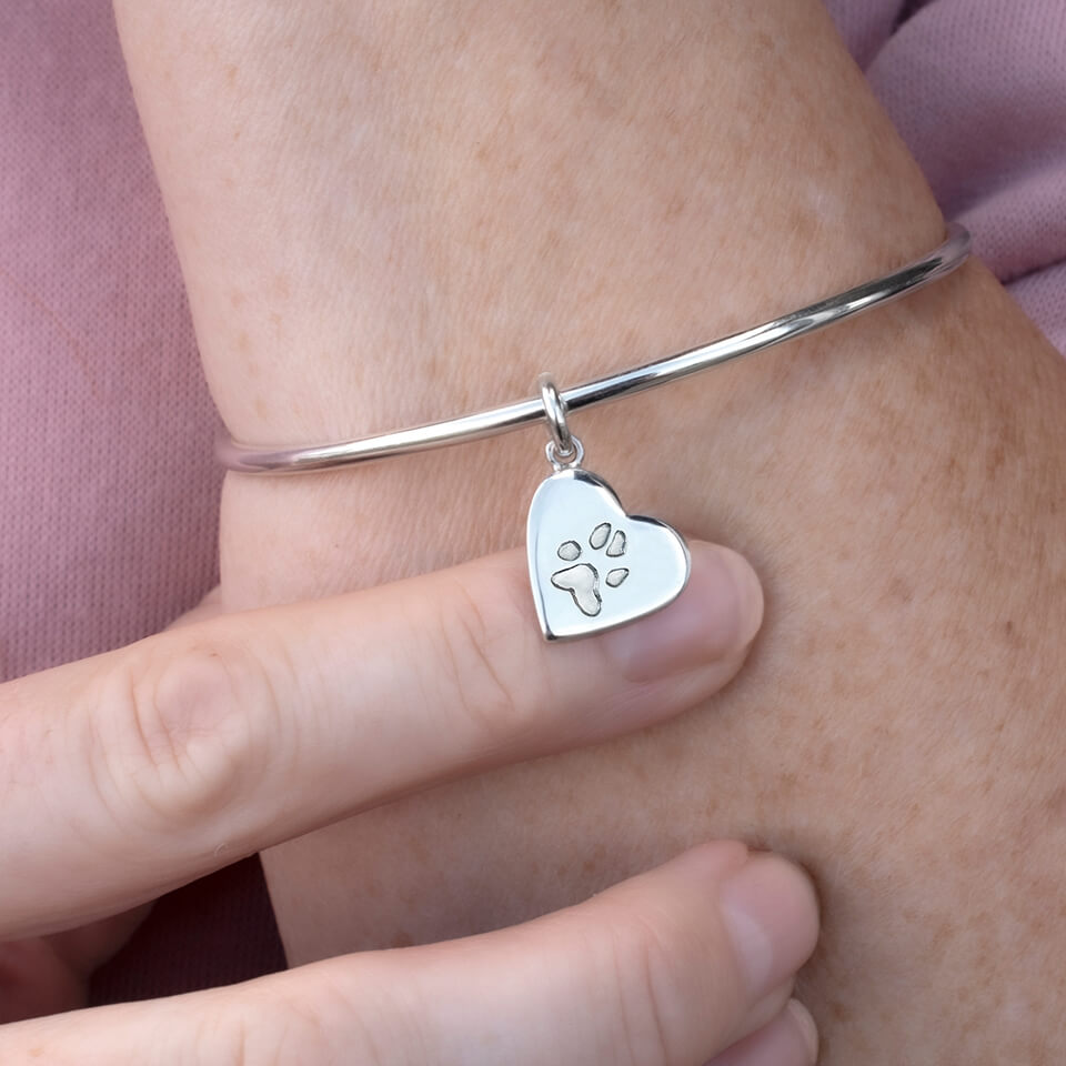 Personalised Pet's Pawprint Heart Charm Bangle | Silver or Gold