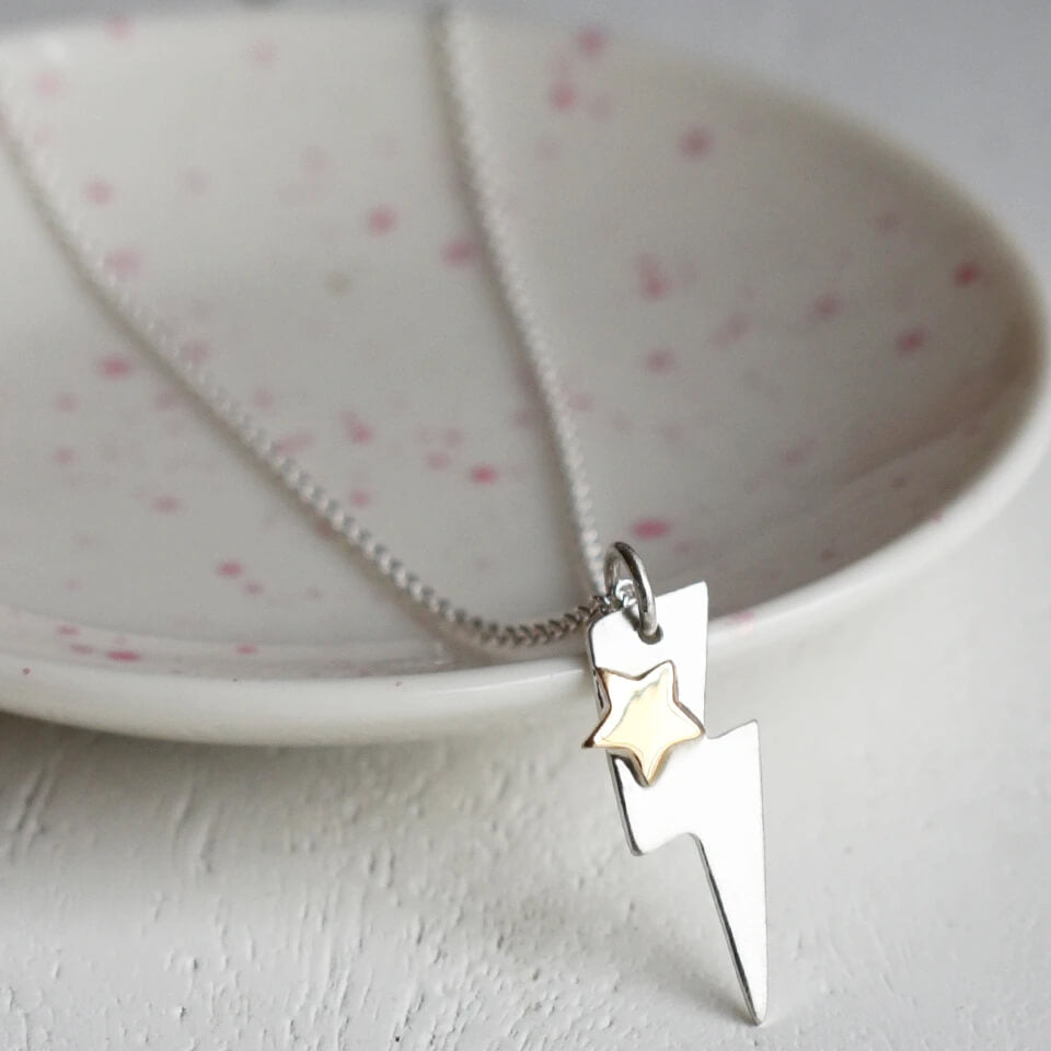 Personalised lightening bolt star necklace in silver or gold