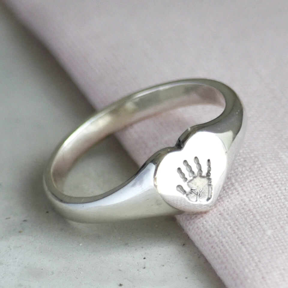 womens personalised baby handprint silver signet ring