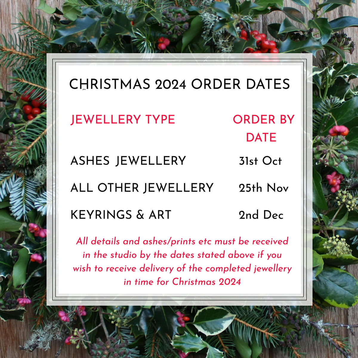 ORDER DATES FOR CHRISTMAS