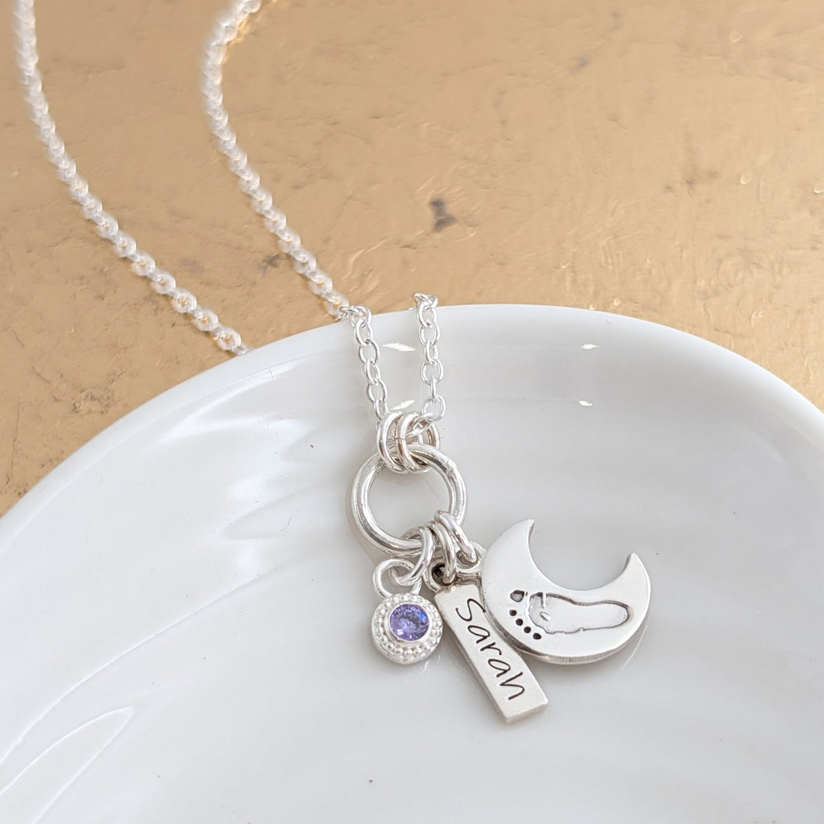 Sterling silver handprint or footprint crescent moon necklace with birthstone charm and little name tag
