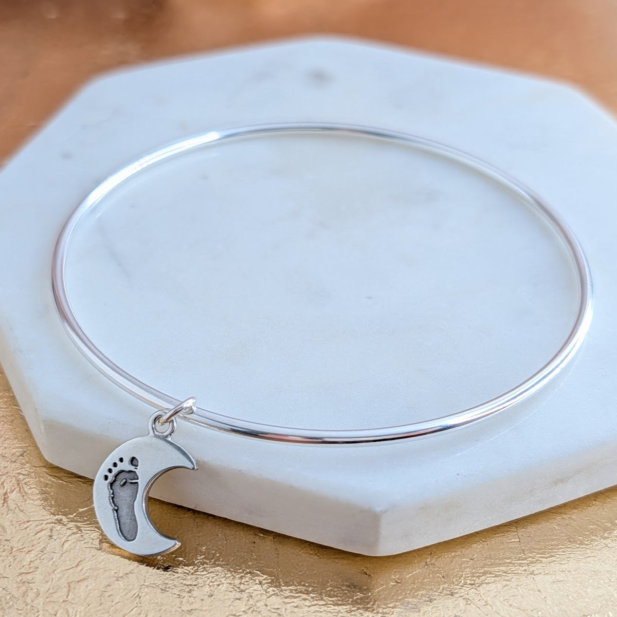 Baby Footprint Crescent Moon Charm Bangle