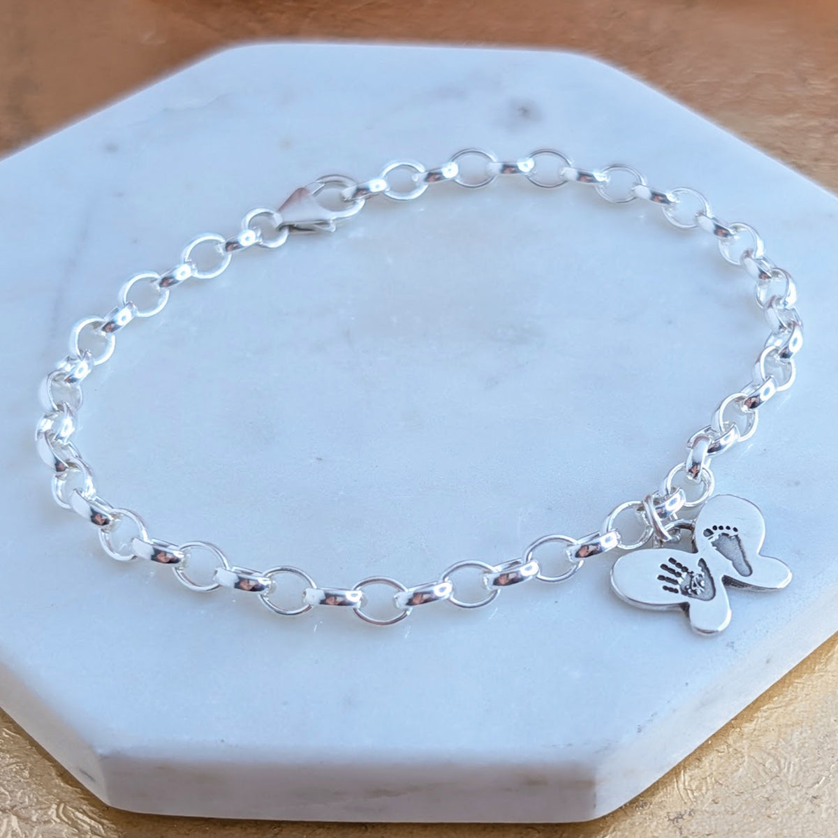 Baby handprint and footprint silver charm bracelet - butterfly gift for mum