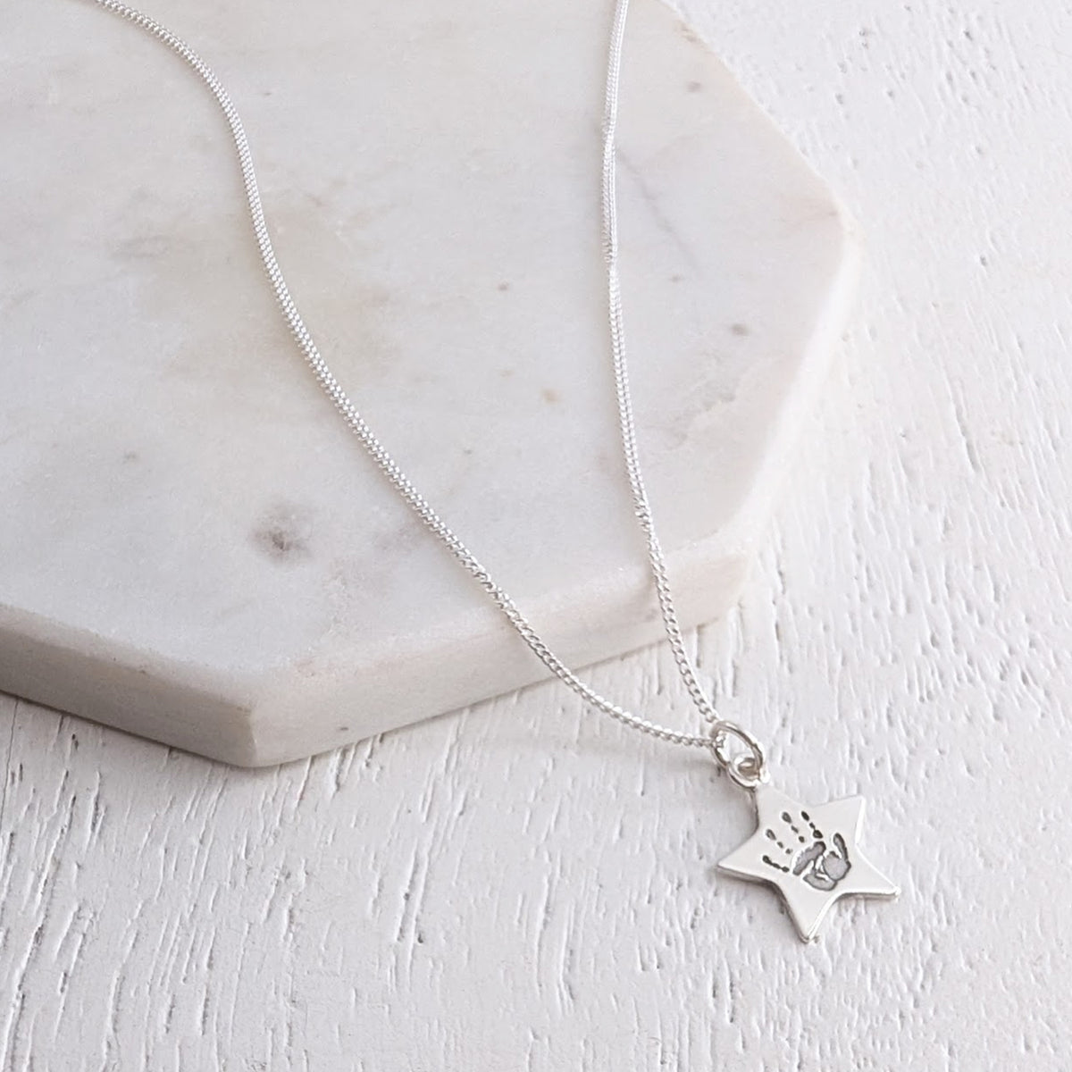 Custom sterling silver baby hand and foot print star charm on chain, sentimental gift for new mothers