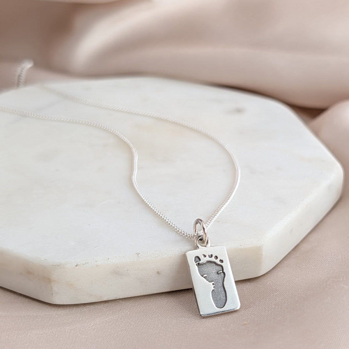Silver Baby Handprint Footprint Tag Charm Necklace engraved with new baby prints
