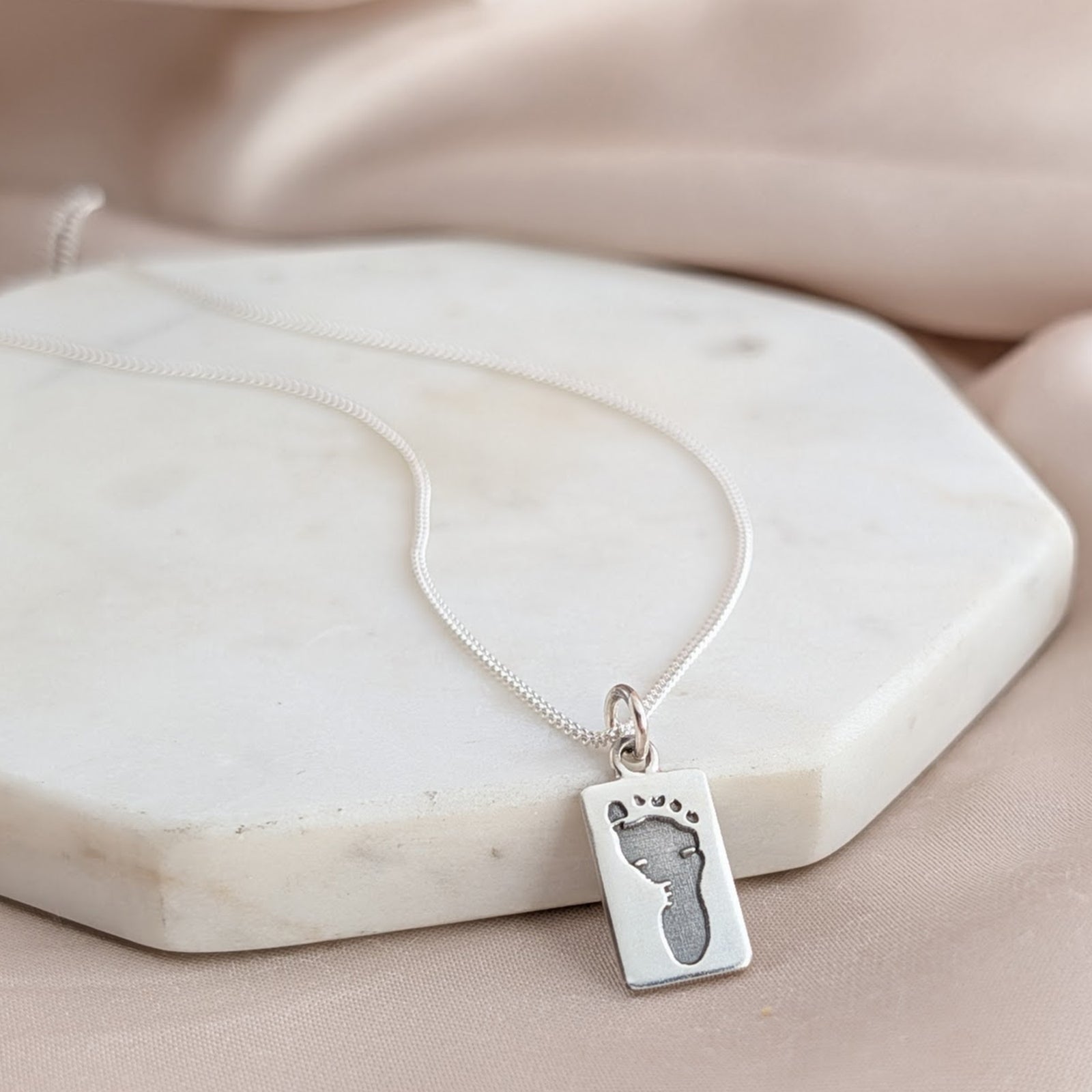 Silver Baby Handprint Footprint Tag Charm Necklace engraved with new baby prints
