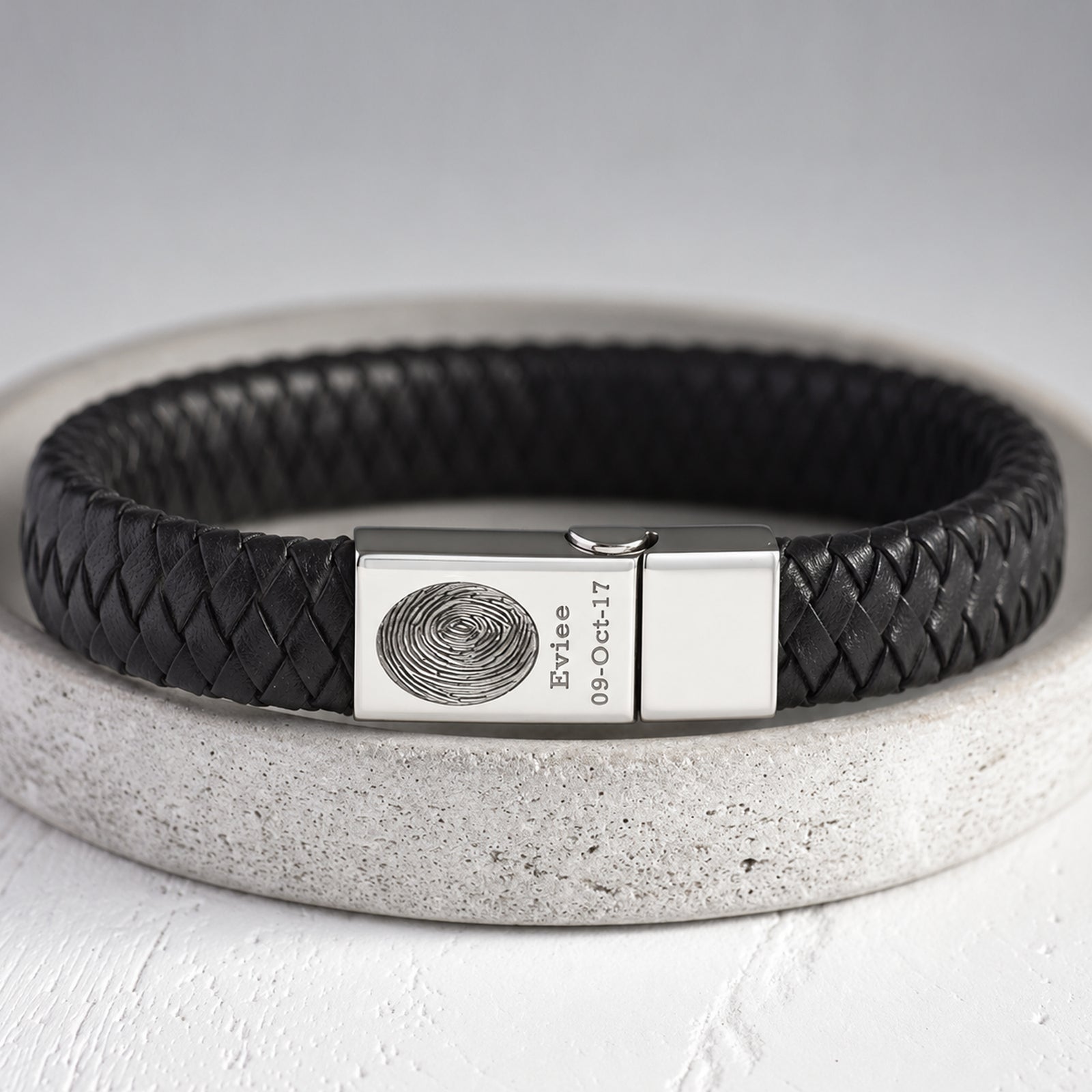 Men's leather bracelet - wide - engraved with a fingerprint and name