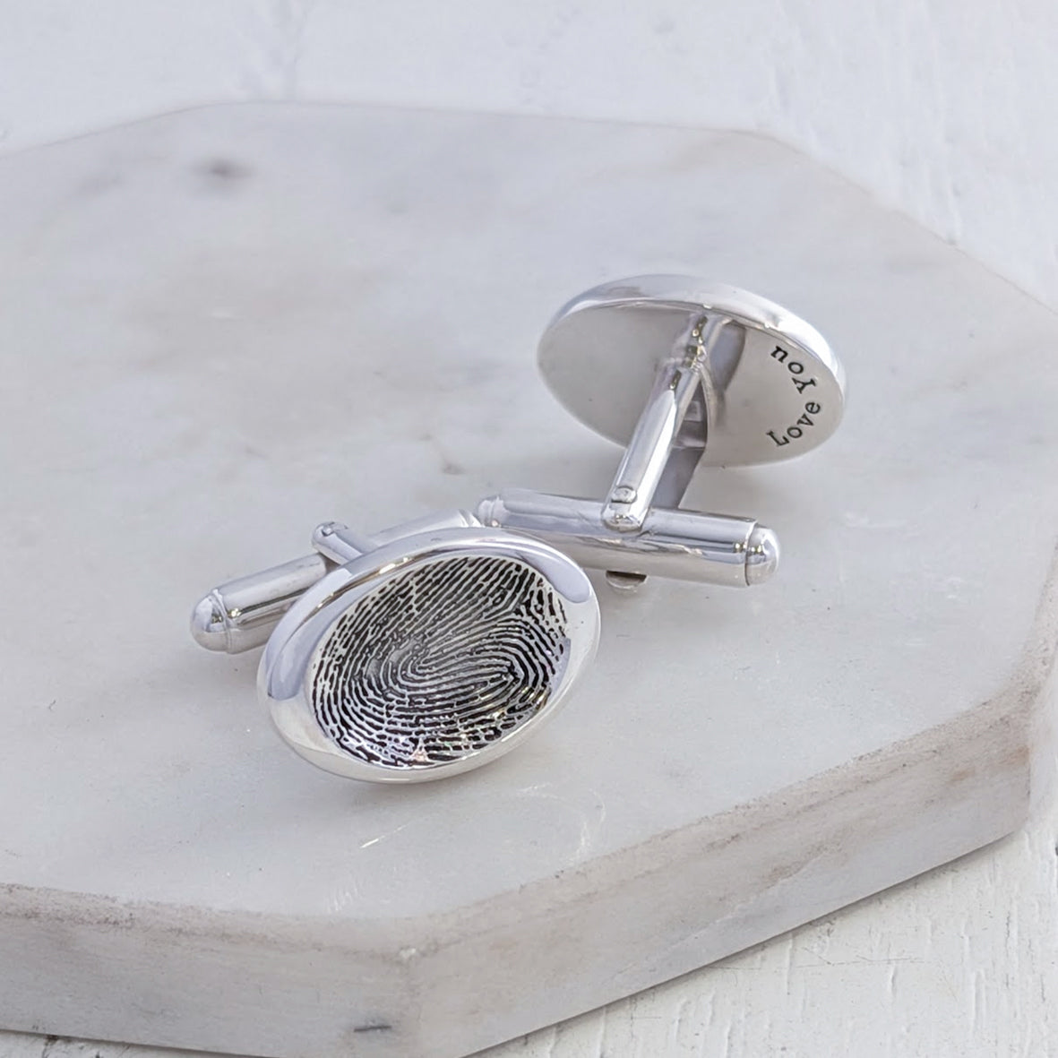 Silver fingerprint wedding cufflinks for the groom