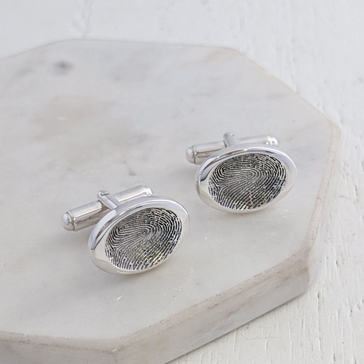 Silver fingerprint wedding cufflinks for the groom