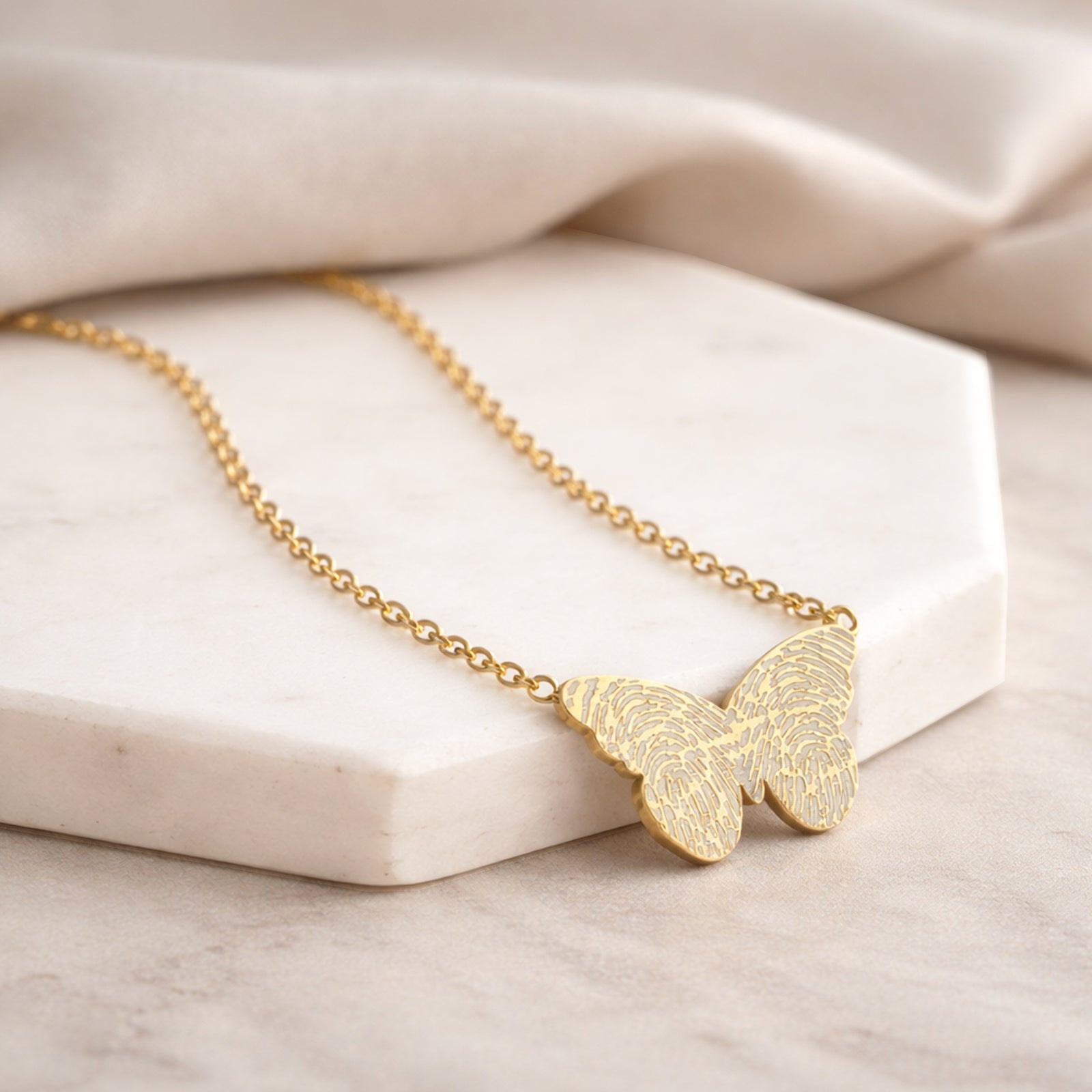 Fingerprint butterfly pendant necklace personalised memorial jewellery in gold finish