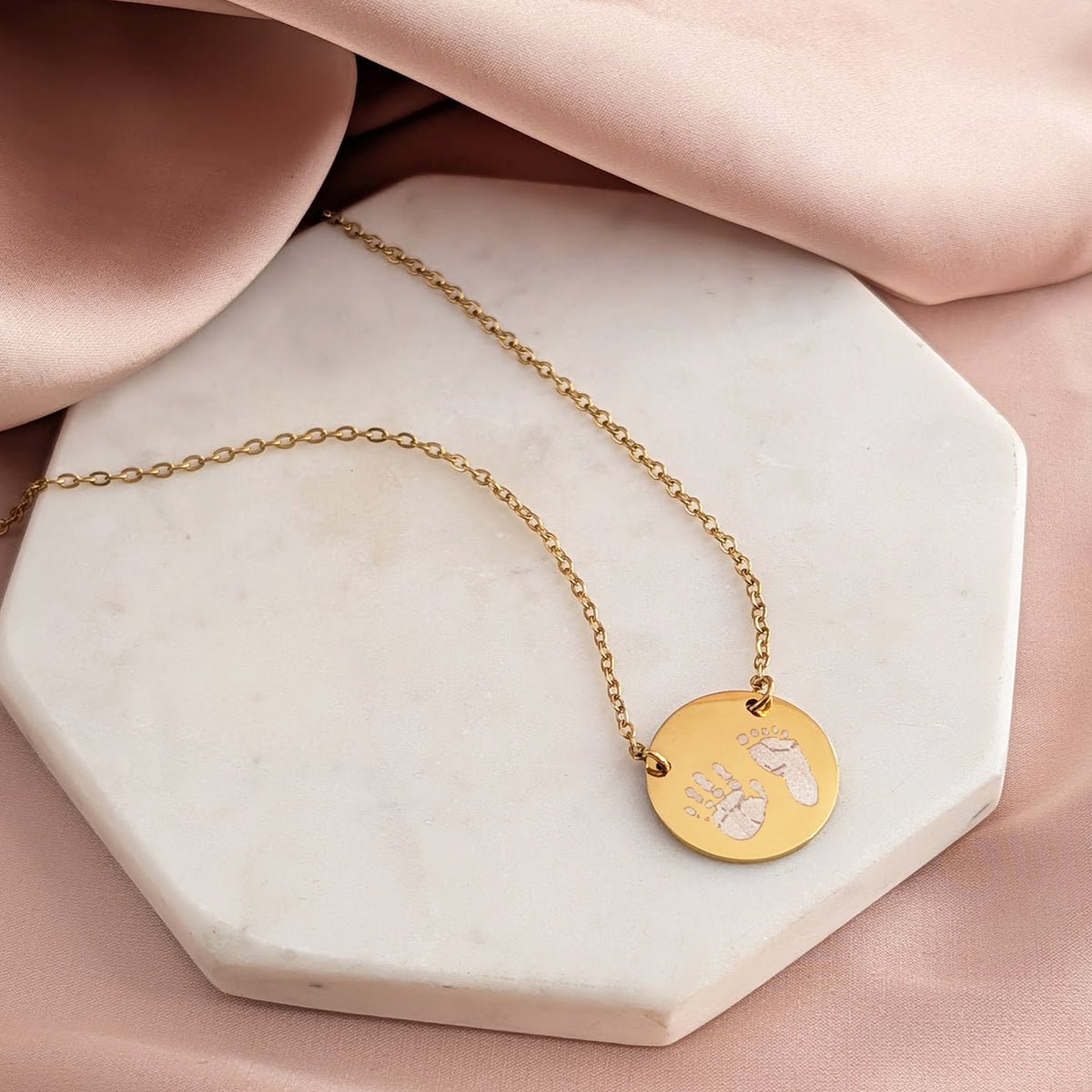 Baby handprint and footprint disc necklace personalised keepsake in gold finish