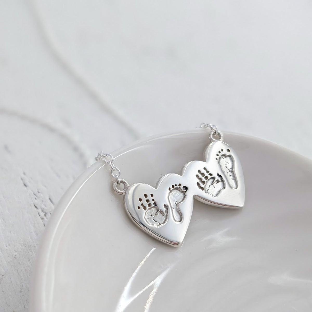 Double heart handprint and footprint handmade silver necklace