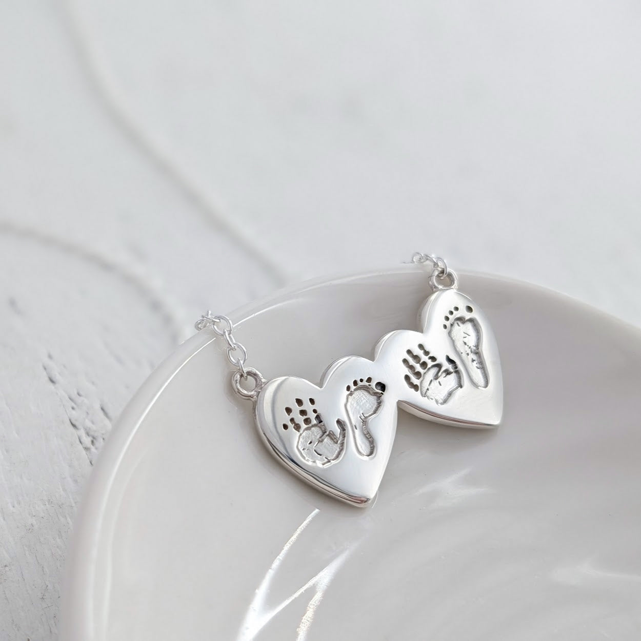 Double heart handprint and footprint handmade silver necklace