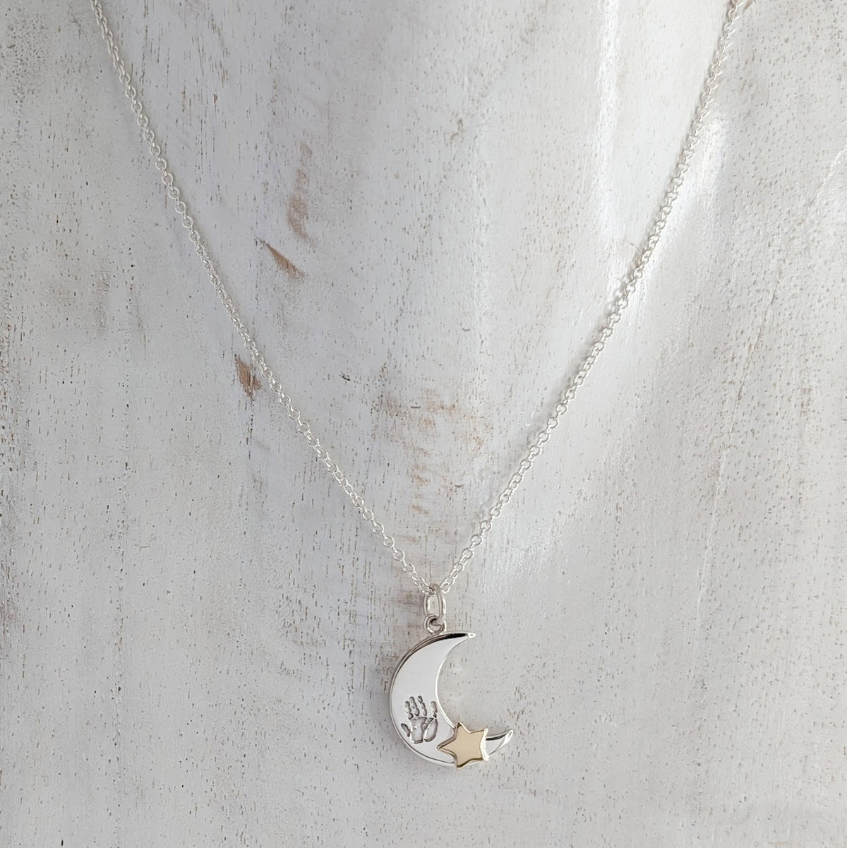 Baby Handprint Moon and Stars Necklace in silver and gold