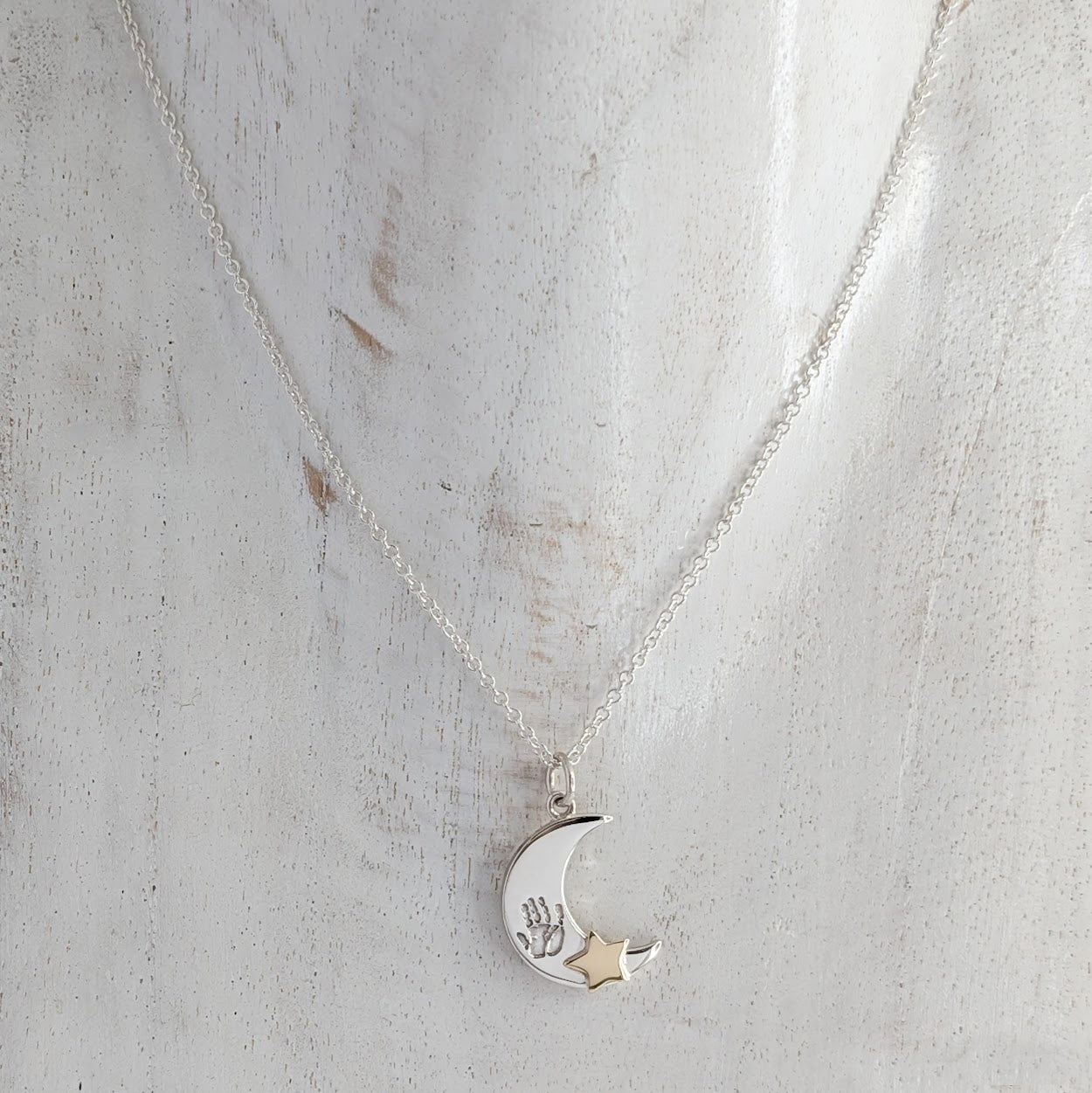 Baby Handprint Moon and Stars Necklace in silver and gold