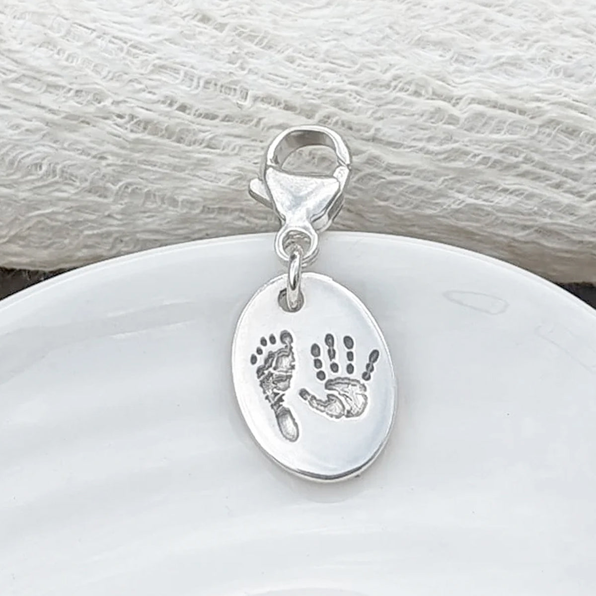 Baby Handprint and Footprint Oval Charm Necklace in Silver or Solid Gold