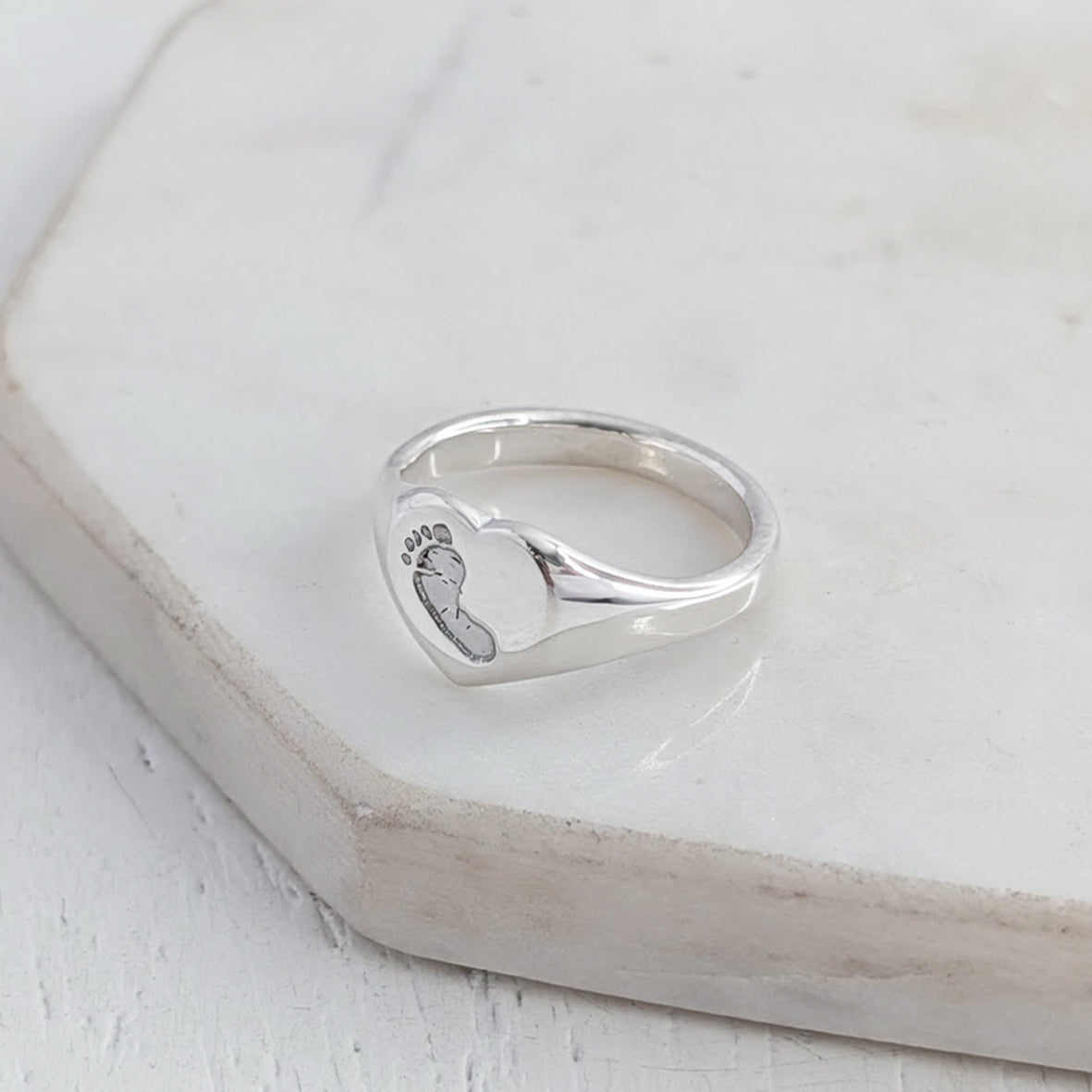 Silver Heart Signet Ring engraved with baby footprint or handprint