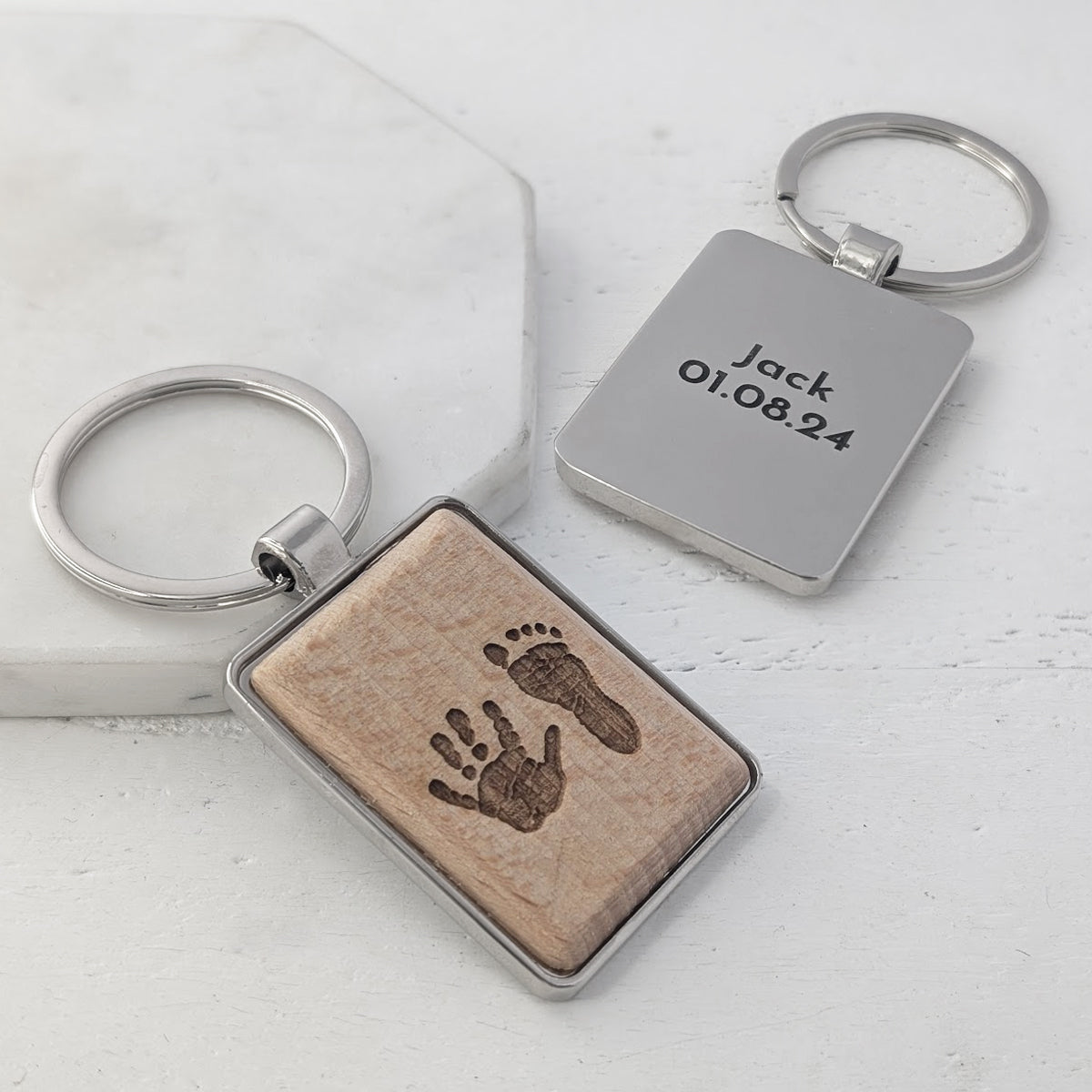 Wooden Handprint Footprint Keyring