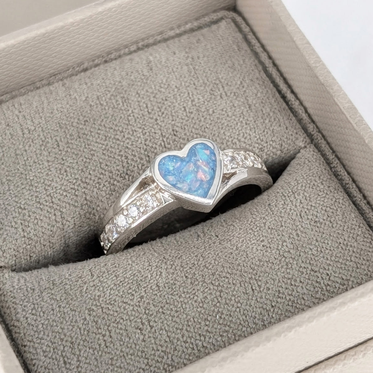 Sterling silver heart cremation ashes ring with cubic zirconia detail
