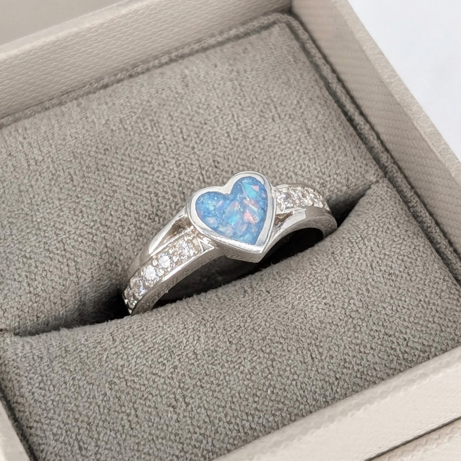 Sterling silver heart cremation ashes ring with cubic zirconia detail