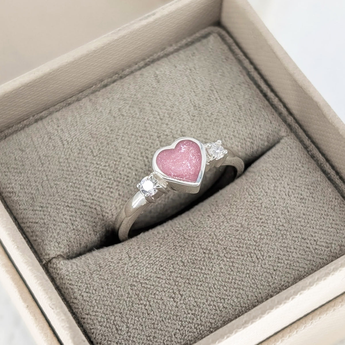 Cremation ashes jewellery ring with heart design and cubic zirconia detail