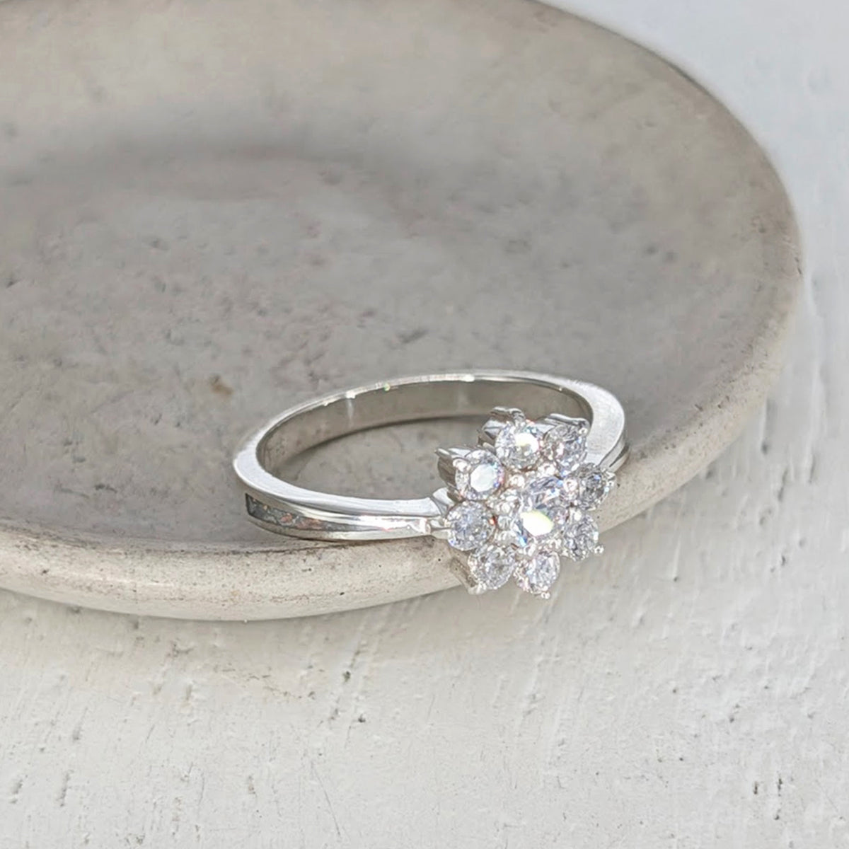 Cremation ashes memorial ring in sterling silver with cubic zirconia stones