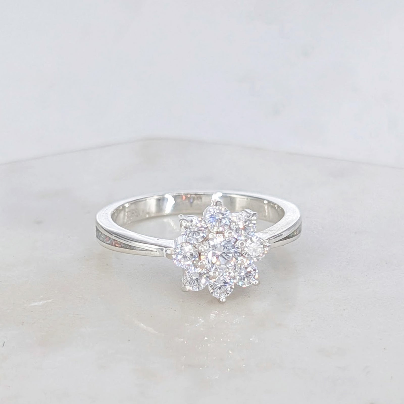 Memorial ashes jewellery ring with cubic zirconia cluster in sterling silver