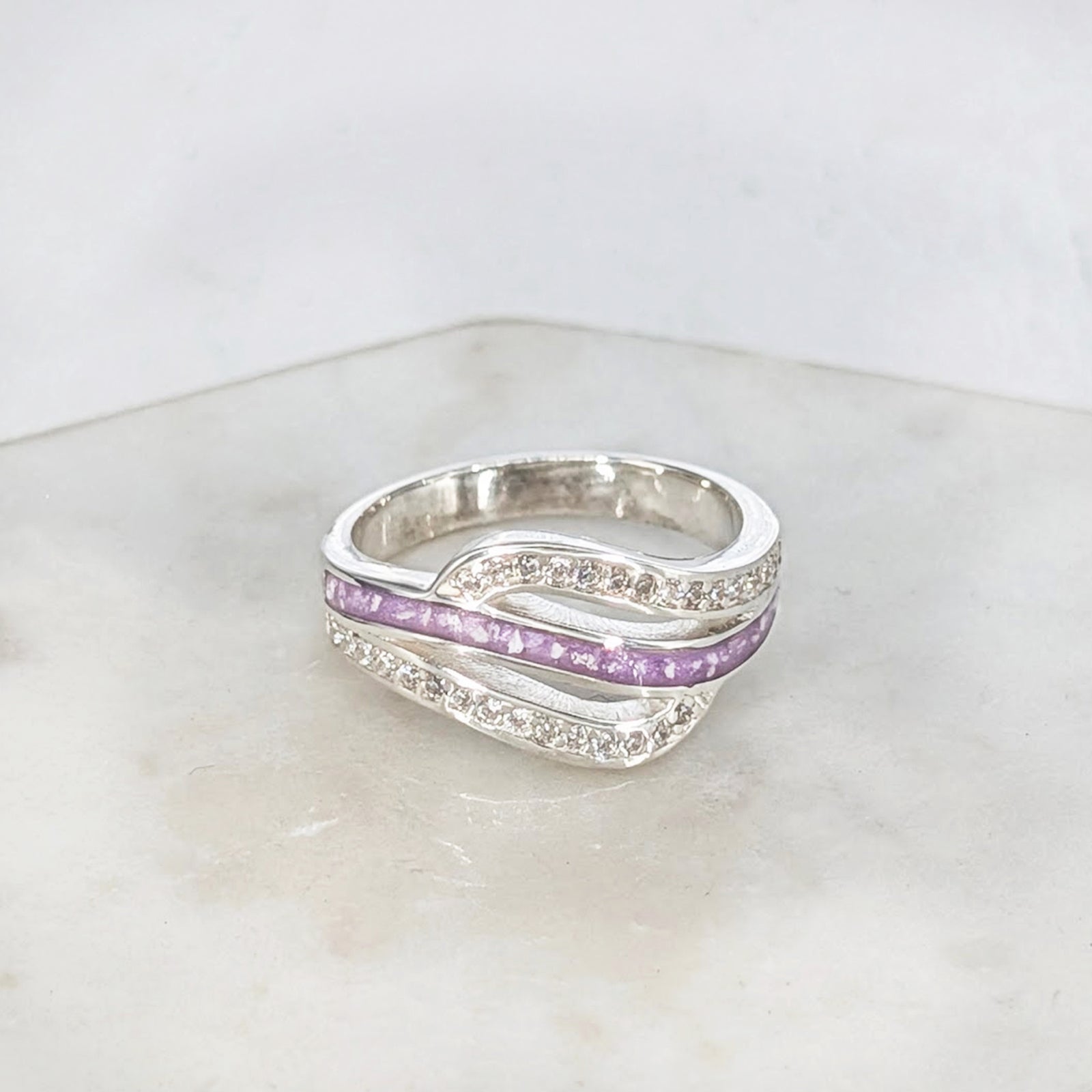 Cremation ashes memorial ring in sterling silver with sparkling cubic zirconia