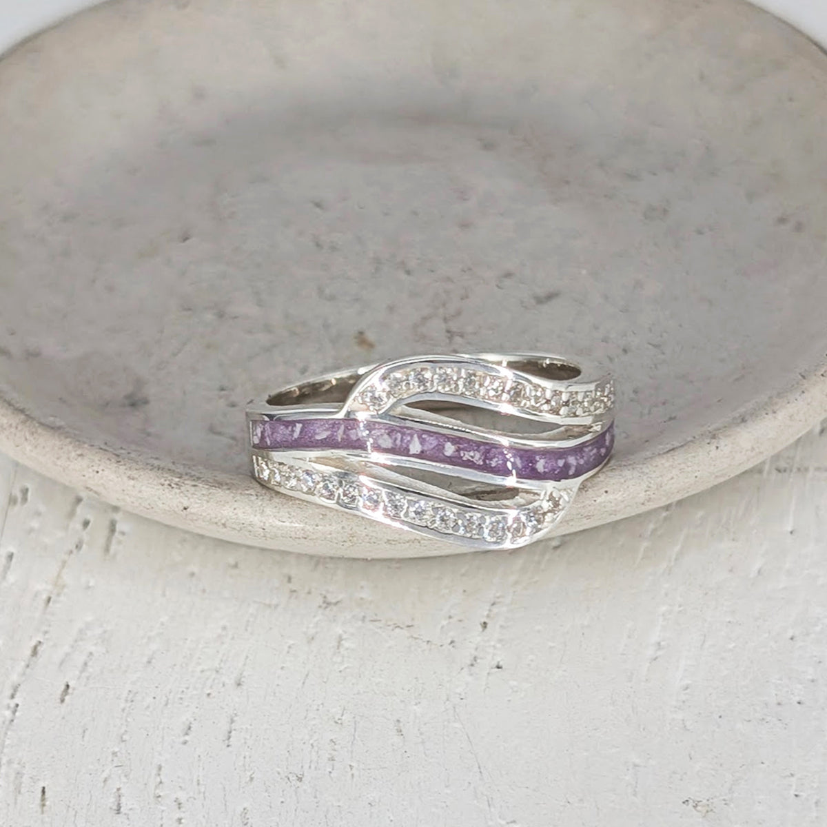 Memorial ashes jewellery ring in sterling silver with sweeping CZ detail