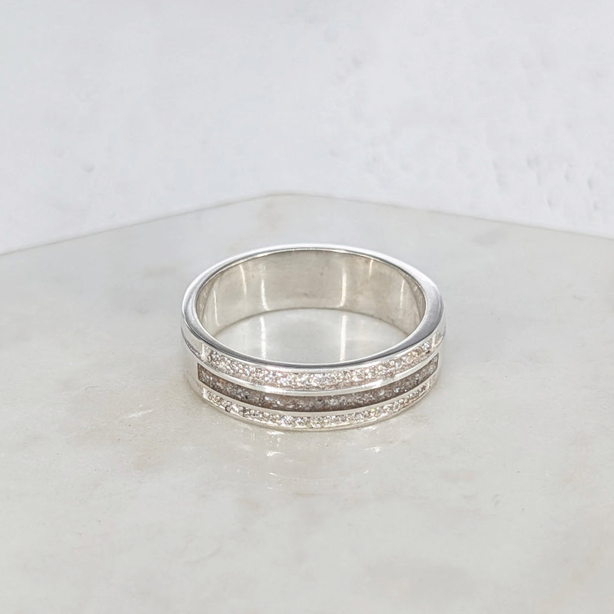 Cremation ashes memorial ring in sterling silver with cubic zirconia detail