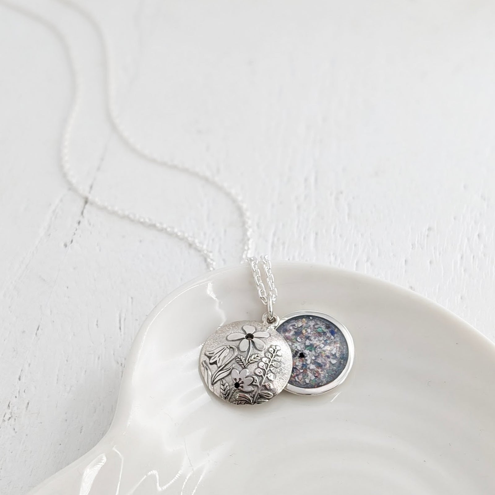 Handmade silver memorial ashes locket necklace - flowers - grey opal