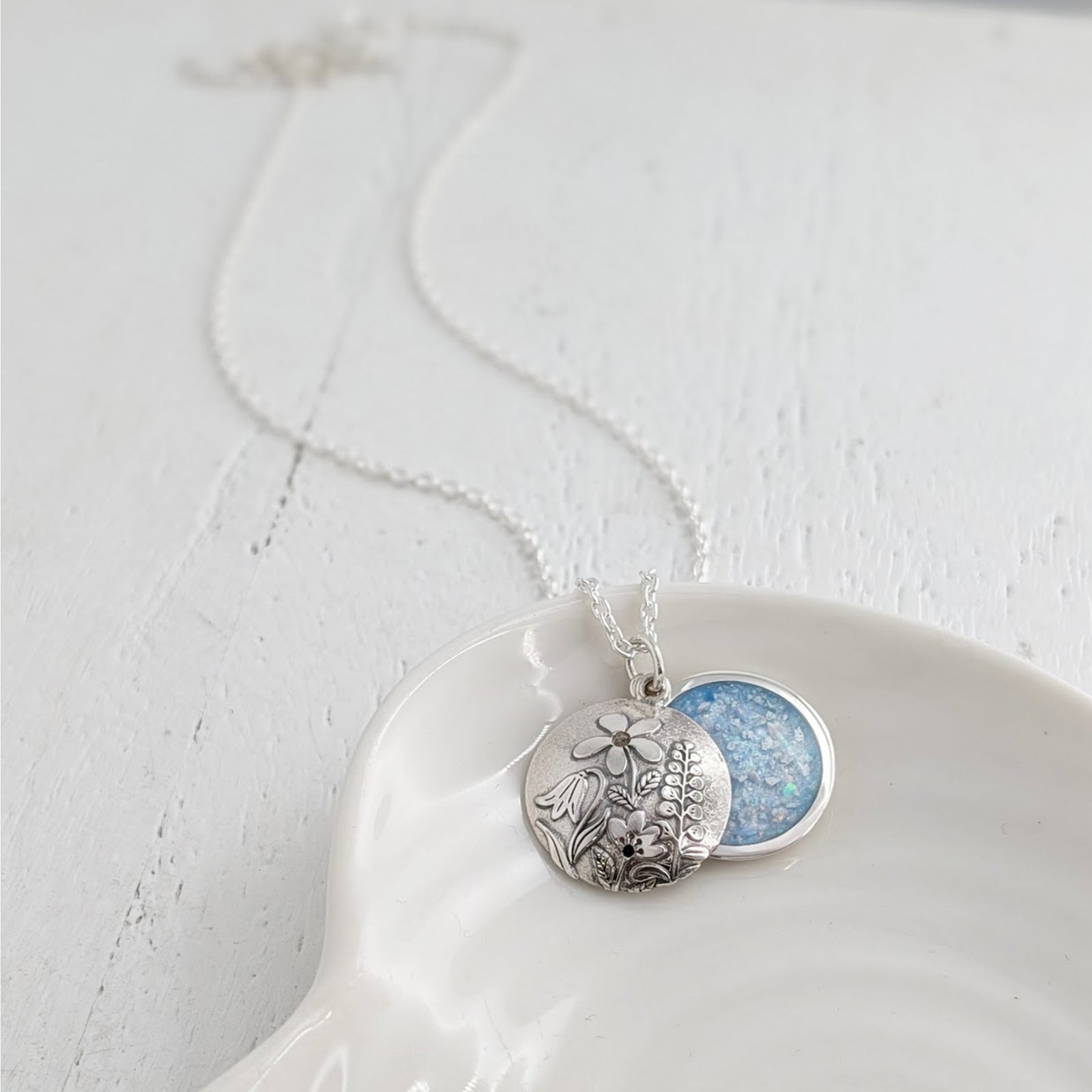 Handmade silver memorial ashes locket necklace - for gardeners - Green Opal
