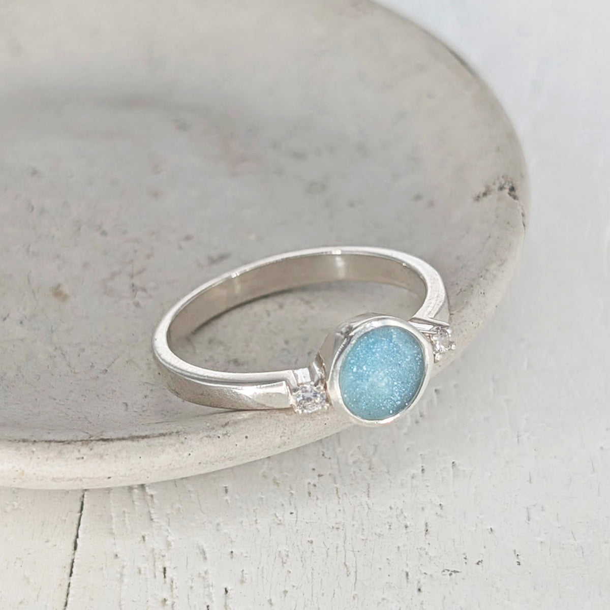 Sterling silver ashes ring for loved one’s cremation ashes with turquoise and CZ stones