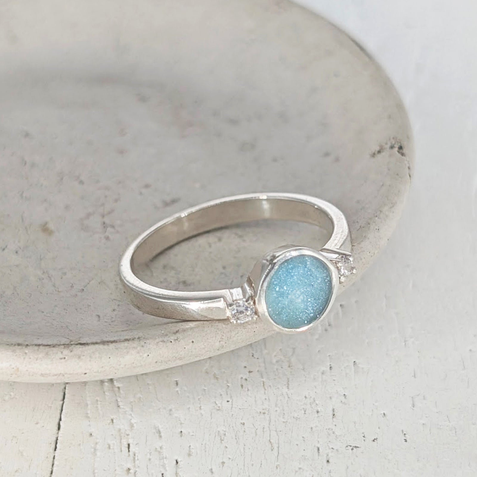 Sterling silver ashes ring for loved one’s cremation ashes with turquoise and CZ stones