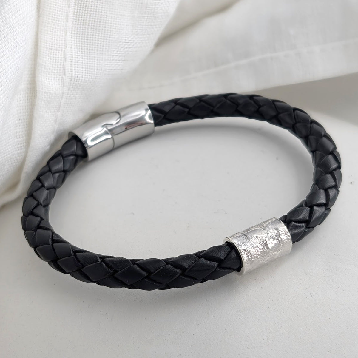 Memorial Ashes Silver Imprint Bead &amp; Leather Bracelet
