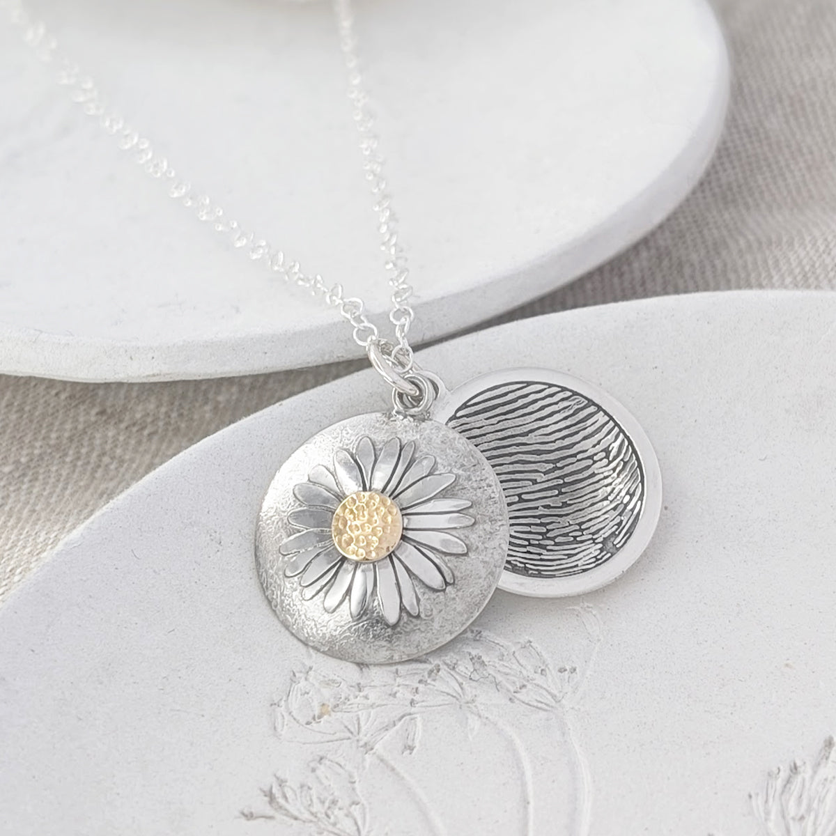 Memorial Fingerprint Keepsake Necklace | Silver and Gold Daisy Locket